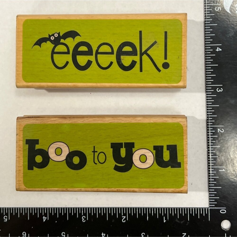 HTF Eeek! & Boo To You Wood Mounted Rubber Stamp Set Alison Wong Halloween Bat